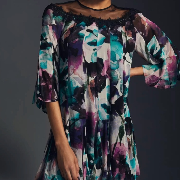 NWT Anthropologie Floral Flutter Sleeve Dress - SZ XXS - Black/Purple - $170 - Picture 1 of 10